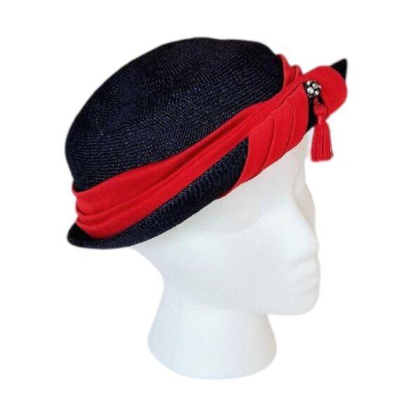 Mid-Century "Ellen Jane" Navy Blue Straw Derby Style Hat w/Red Ribbon Trim - Picture 1 of 11